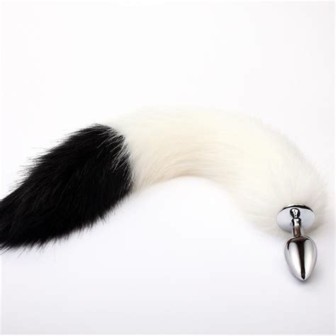 White With Black Foxcat Tail Butt Plug Stainless Steel Pluglust