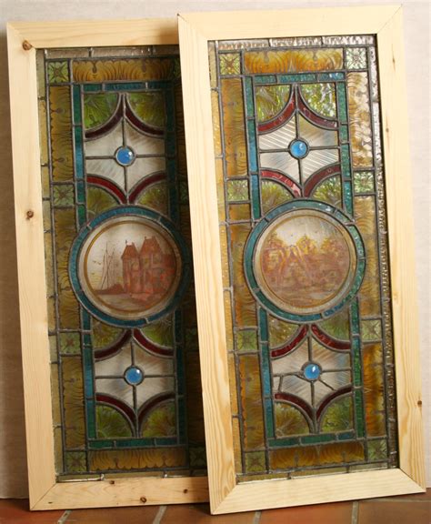 Ref Vic469 2 Antique Victorian Stained Glass Windows Country