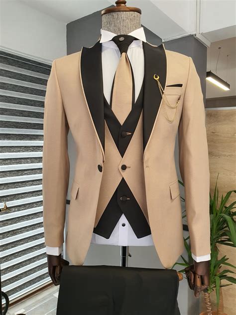 Buy Beige Slim Fit Peak Lapel Wedding Suit By Gentwith Free Shipping