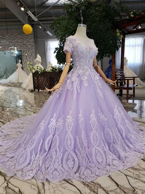 Light Purple Lace Middle Waist Short Sleeve Long Tail Wedding Dress