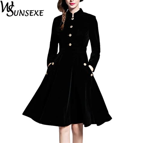 2017 Winter Elegant Black Velvet Dress Women Vintage Warm Long Sleeve