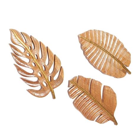 Litton Lane Mango Wood Brown Handmade Carved Leaf Wall Decor Set Of 3