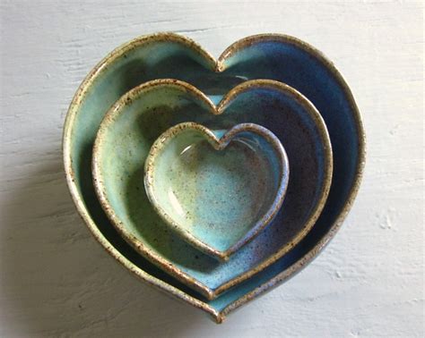 Pottery Heart Bowls Nesting Dishes Miniature Small Ceramics