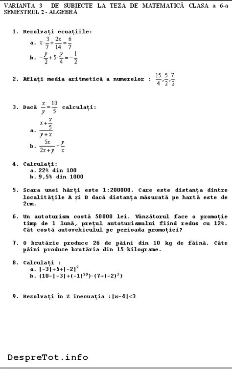 Teza Matematica Clasa 6 Sem 2 Varianta 3 Algebra