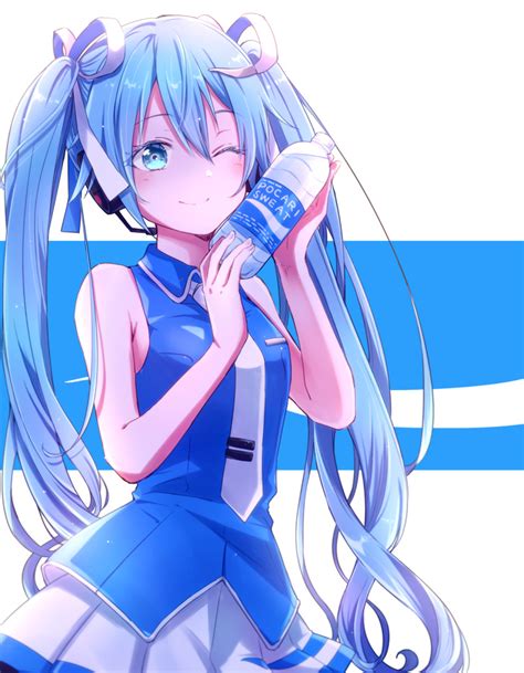 hatsune miku vocaloid highres 1girl bare arms blue eyes blue hair blue shirt blue