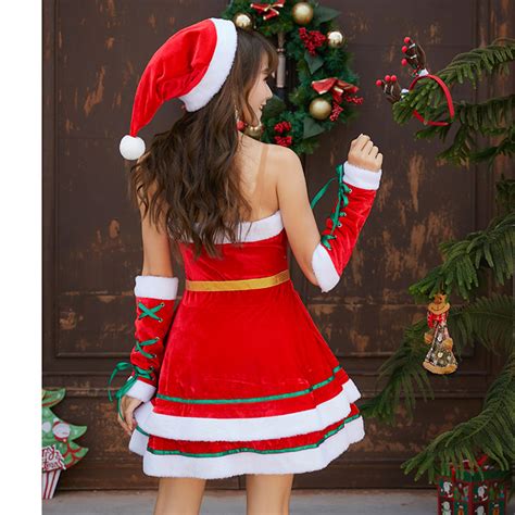 4pcs Womens Candy Cane Sweetheart Bodice Santa Girl Mini Dress