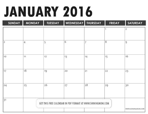 All Lovely Free Printable January 2016 Calendars