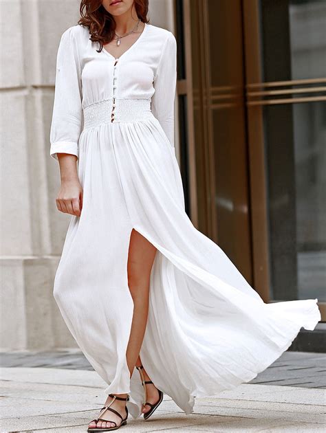White V Neck 34 Sleeve Slit Maxi Dress White Maxi Dresses Zaful