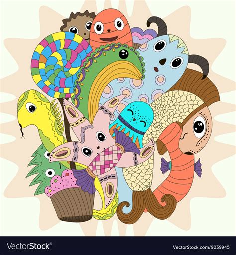 Cute Doodle Monster Mythical Creatures Cartoon Vector Image
