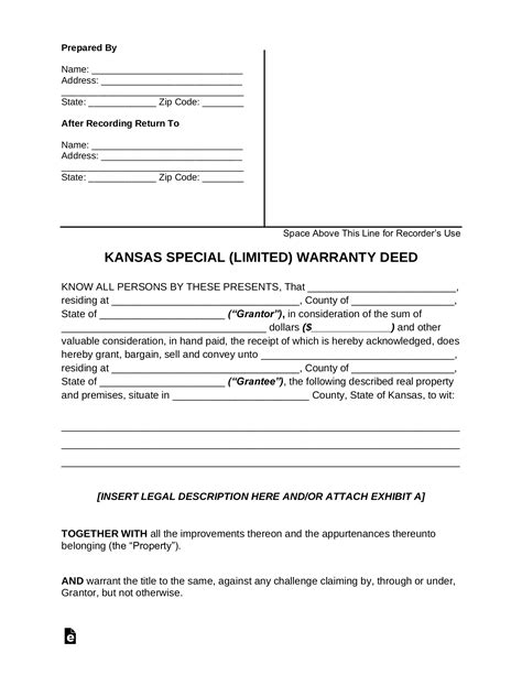 Free Kansas Special Warranty Deed Form Pdf Word Eforms