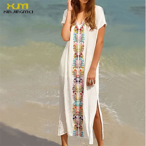 Long Beach Cover Up 2017 White Embroidery Sexy Beach Dresses Swimsuit Bathing Suit Cover Ups