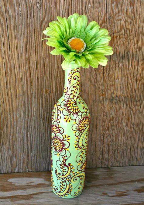 Wine Bottle Vase Henna Influenced Design Mint Green Wine Bottle With
