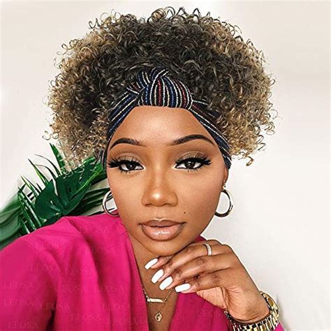 Lesoa Kinky Curly Headband Wig For Black Women Brown Afro Wrap Short