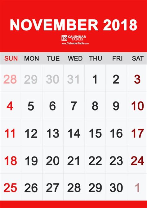 November 2018 Calendar Portrait November Calendar 2018 Calendar