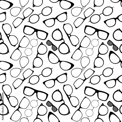 Seamless Pattern With Glasses On White Background Sunglasses Eyeglasses Black Silhouettes Flat
