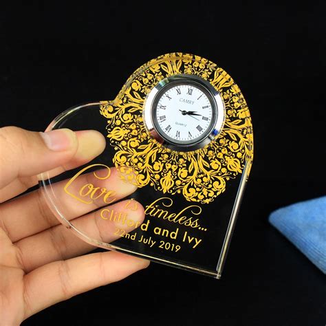 80mm Personalised 50th Golden Heart Crystal Clock Wedding Anniversary