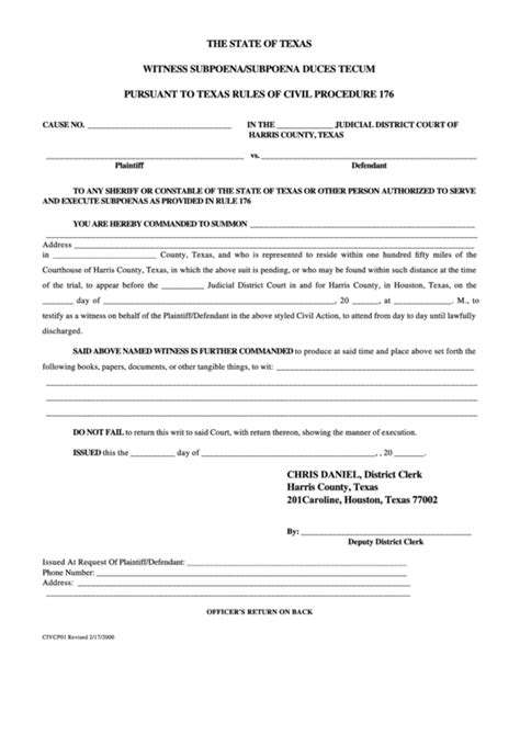 Fillable Witness Subpoena Subpoena Duces Tecum Form Printable Pdf Download