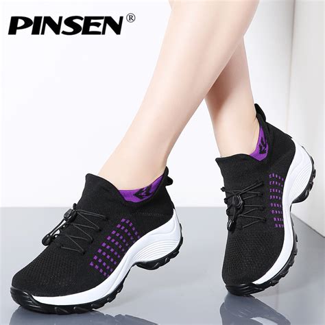 Pinsen Fashion Women Casual Shoes Platform Sneakers Breathable Slip On