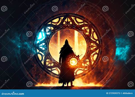 Sorcerer Silhouette In Mystical Time Portal With Light Effect Stock