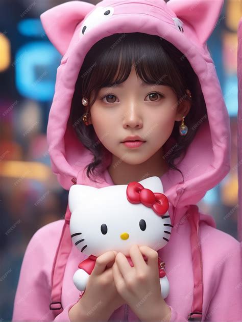 Premium Ai Image Cute Chinese Girl With Hello Kitty