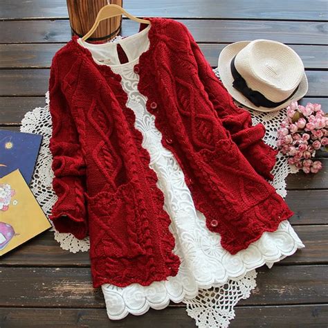 Autumn Winter Womens Sweaters Female Flower Jacquard Red Sweater Jacket Long Sleeve Knitted