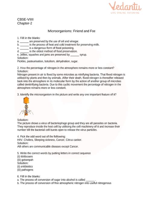 Cbse Class 8 Science Microorganisms Friend And Foe Worksheets With