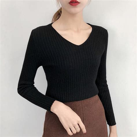 V Neck Sweater Women 2018 Autumn Winter New In Basic Bottoming Tight