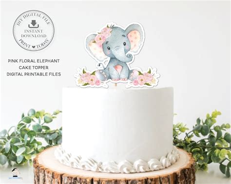 Cute Elephant Blush Pink Floral Cake Topper Instant Download