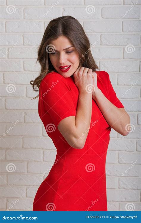 Beautiful Woman In Red Dress Stock Image Image Of Brown Studio 66986771