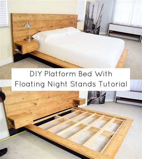 Solid Wood Platform Bed Frameand Floating Nightstand And Headboard