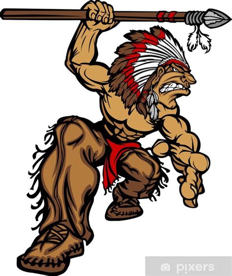 Sticker Indian Chief Mascot With Spear And Headdress Vector