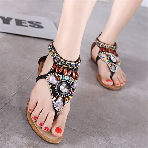 Women Thong Multi Color Crystal Rhinestone Sandals Flat Heel Shoes