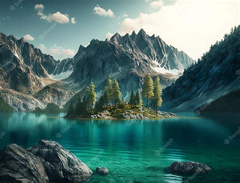Premium Photo Realistic Turquoise Lake And Mountain Landscape