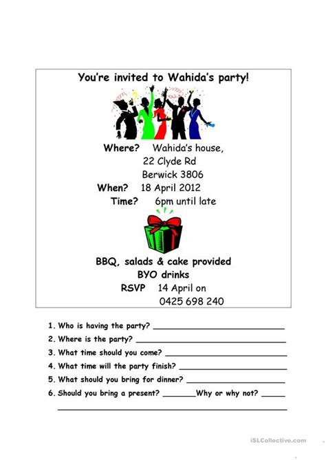 A birthday party invitation letter is written when one wants to celebrate their birthday with friends, colleagues, and family. Wahida's Birthday Party Invitation worksheet - Free ESL ...