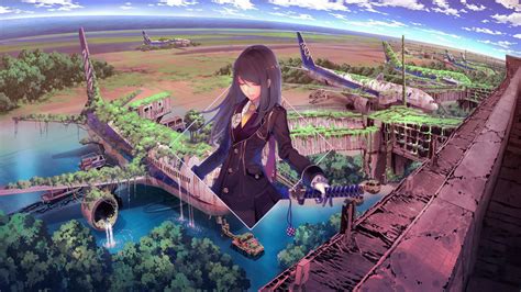 Wallpaper Anime Girls Anime Landscape Katana Airplane Photoshop
