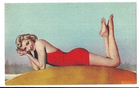 Pin Up Vintage 1940s Linen Postcard Blonde Bathing Beauty On Surfboard