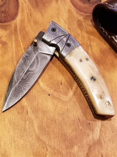 Bone Handle Folding Pocket Knife Damascus Blade Leather Sheath Outdoors