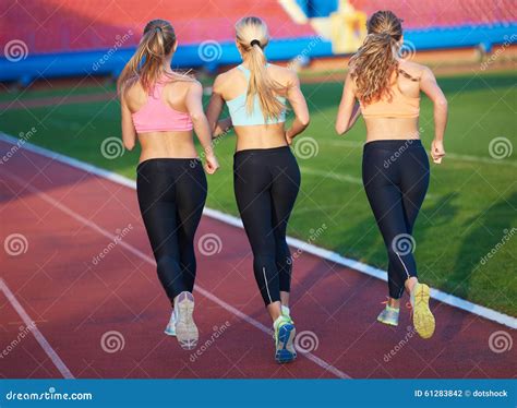 Athlete Woman Group Running On Athletics Race Track Stock Photo Image