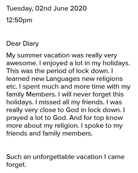 Write A Diary Entry About How You Utilised Your Summer Vacation In