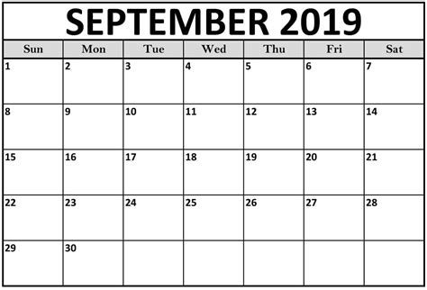 Blank Calendar September 2019 Monthly Template Net