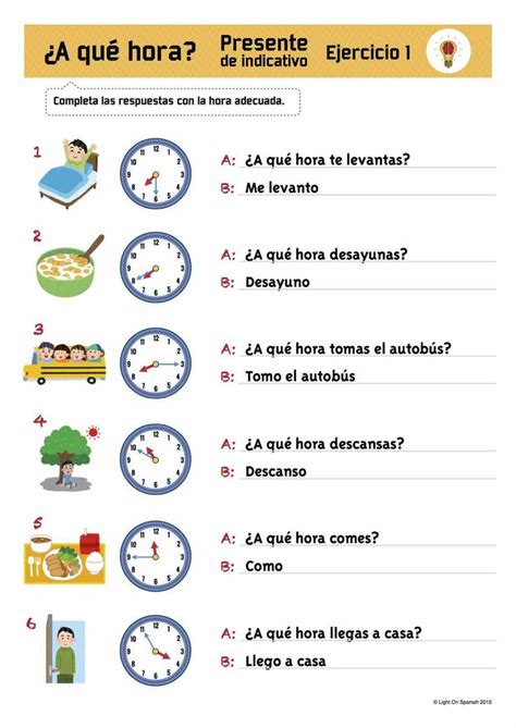 Spanish Time And Present Tense Verbs Exercises La Hora Presente De