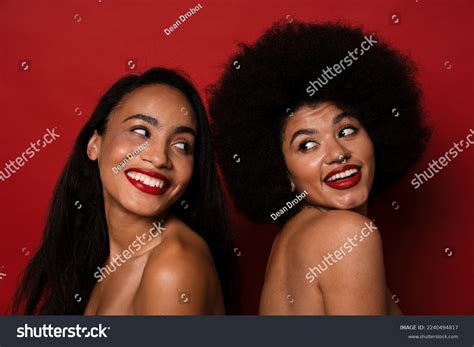 Two African American Halfnaked Women Smiling Stock Photo