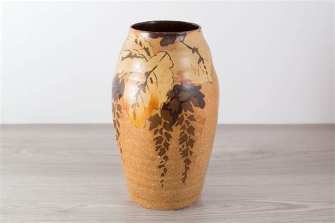 Vintage Decorative Vase Large Art Nouveau Hand Painted Brown Leafy
