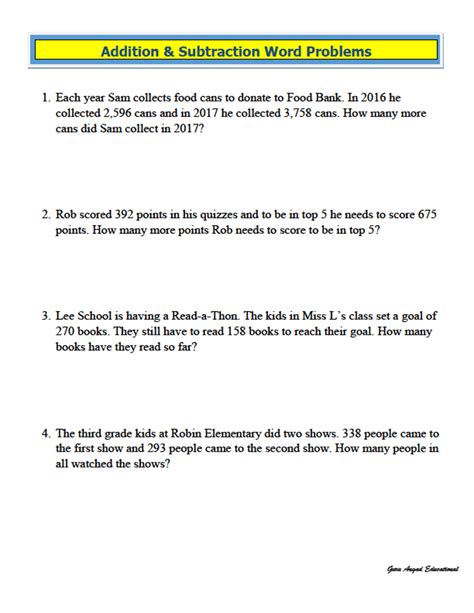 Addition, subtraction, segments, mean, mode, median, time facts, coordinates, ordinal numbers, division, multiplication, sets, data and graphs. Addition Subtraction Word Problems 3rd Grade Worksheets ...