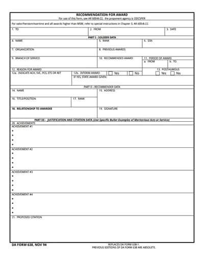 Da Form 638 Pdf Fillable Printable Forms Free Online