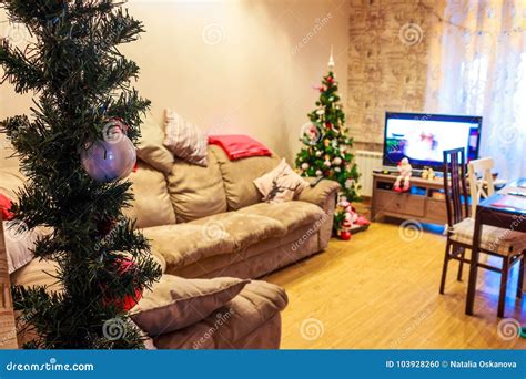 Festive Holiday Interior Christmas Tree Tv Sofa Stock Photo Image