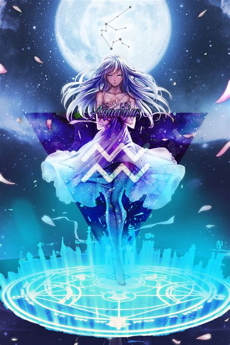 An Aquarius Image In Anime Version With Water Wave Spells Lambang