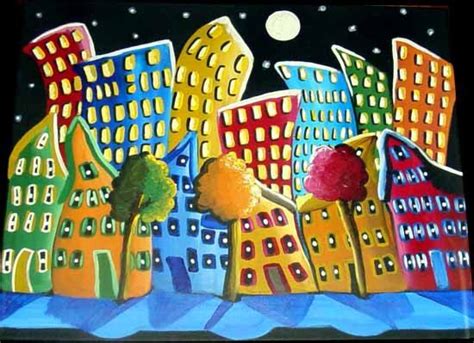 A Painting Of A City At Night With Buildings And Trees In The