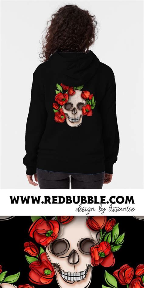 Minimalistic Continuous Line Skull With Poppies Zipped Hoodie By