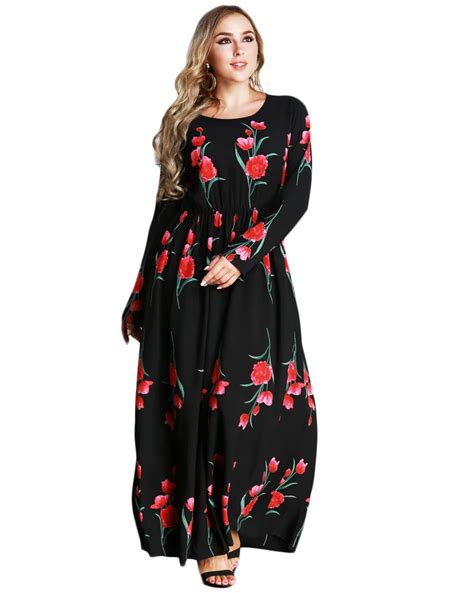 New Fashion Women Plus Size Maxi Dress Rose Floral Print O Neck 2019 Autumn Long Sleeve Elastic